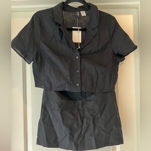 Linen Black Cropped Button-Up Shirt and Skirt Set
